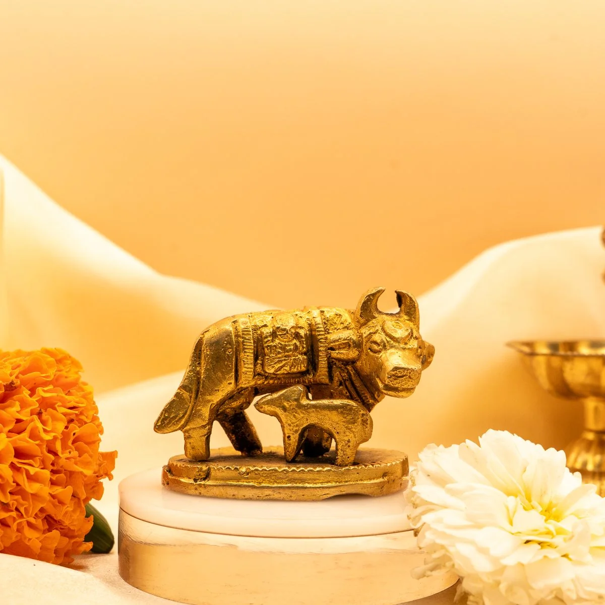 Kamdhenu Cow with Calf Idol in Brass Brass Idol