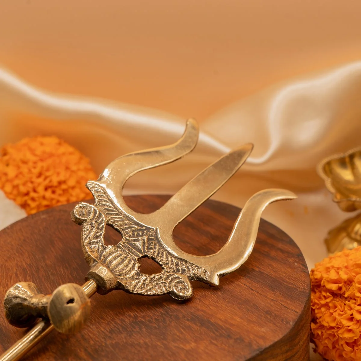 Trishul with Damru Stand (10 Inch). Shiva Trident Brass Idol